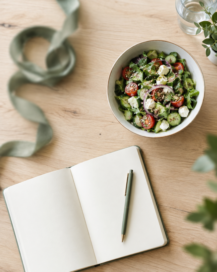 Fita métrica, tigela de salada e caderno sobre mesa clara, vista de cima