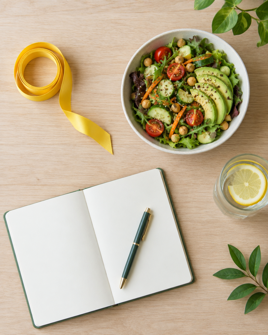 Fita métrica, tigela de salada e caderno sobre mesa clara, vista de cima