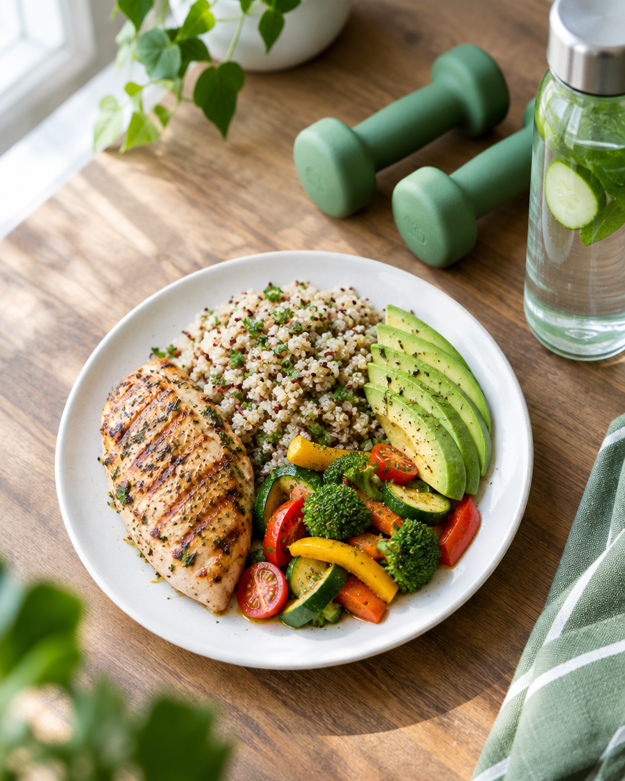 Prato colorido com alimentos saudáveis e halteres ao lado, tema esportivo