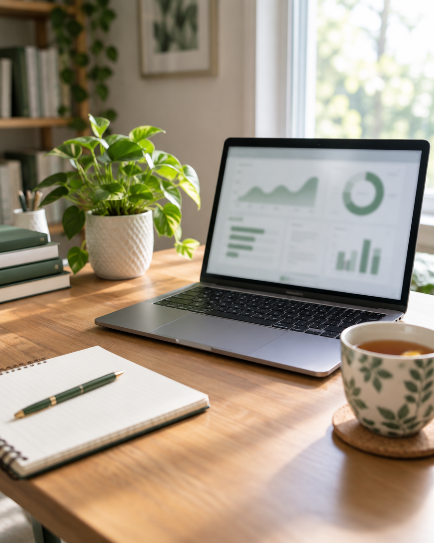 Mesa de escritório em casa com notebook aberto, caderno e planta, tela desfocada